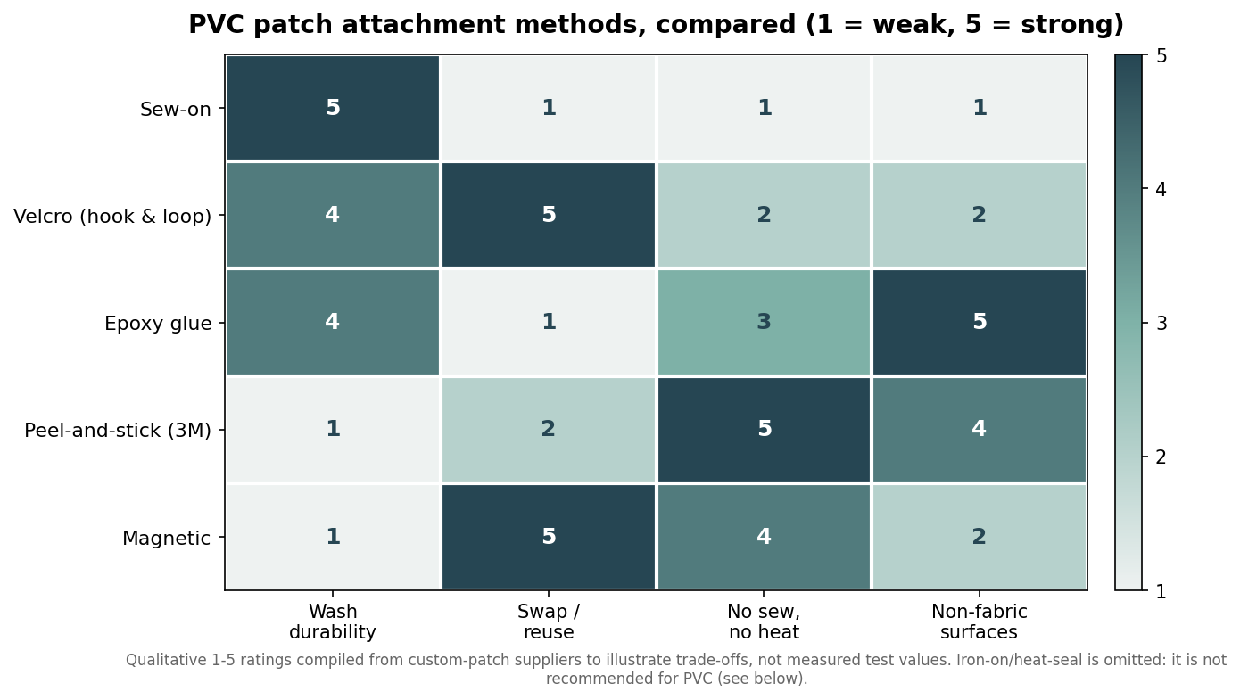 Heatmap comparing PVC patch attachment methods across wash durability, reuse, no-sew install, and non-fabric surfaces